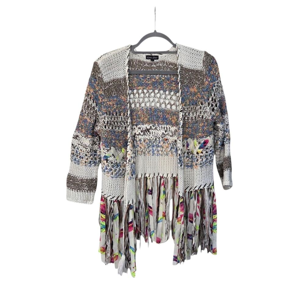 Dor Dor Couture Hippie Open Front Boho Artsy Knit Cardigan Sweater, Size Medium